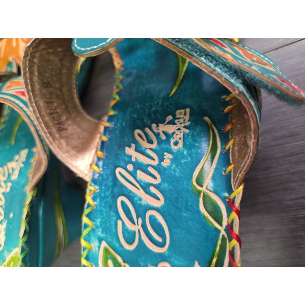 Corkys Elite Wedge Sandals Women 8 Turquoise Leather Slip On Floral Shoes - Picture 5 of 9